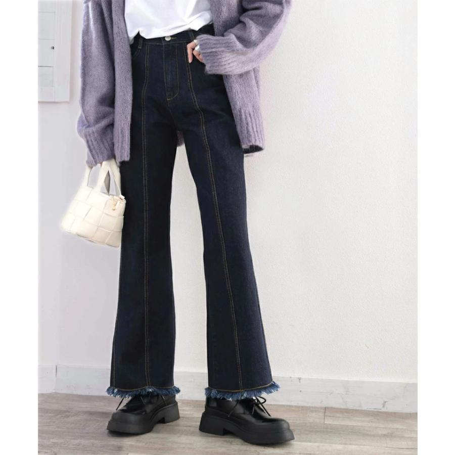 レディース ボトムス デニム パンツ 裾フリンジ セミフレア 美脚 ジーンズ 大きいサイズ 小さいサイズ ジーパン ブラック ネイビー ブルー S M L XL | classicalelf | 15