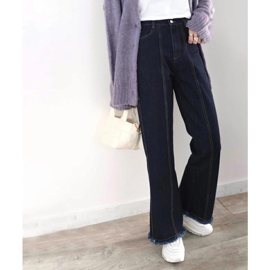 レディース ボトムス デニム パンツ 裾フリンジ セミフレア 美脚 ジーンズ 大きいサイズ 小さいサイズ ジーパン ブラック ネイビー ブルー S M L XL | classicalelf | 16