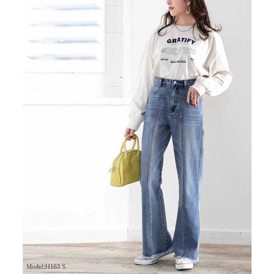 レディース ボトムス デニム パンツ 裾フリンジ セミフレア 美脚 ジーンズ 大きいサイズ 小さいサイズ ジーパン ブラック ネイビー ブルー S M L XL | classicalelf | 02