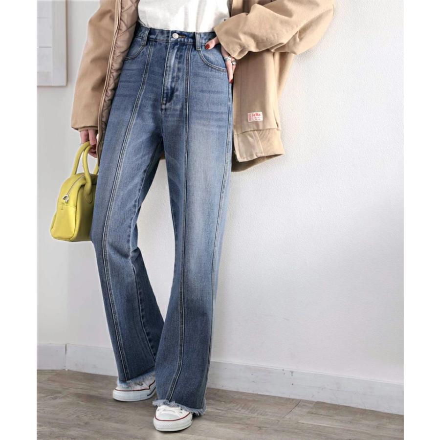 レディース ボトムス デニム パンツ 裾フリンジ セミフレア 美脚 ジーンズ 大きいサイズ 小さいサイズ ジーパン ブラック ネイビー ブルー S M L XL | classicalelf | 03