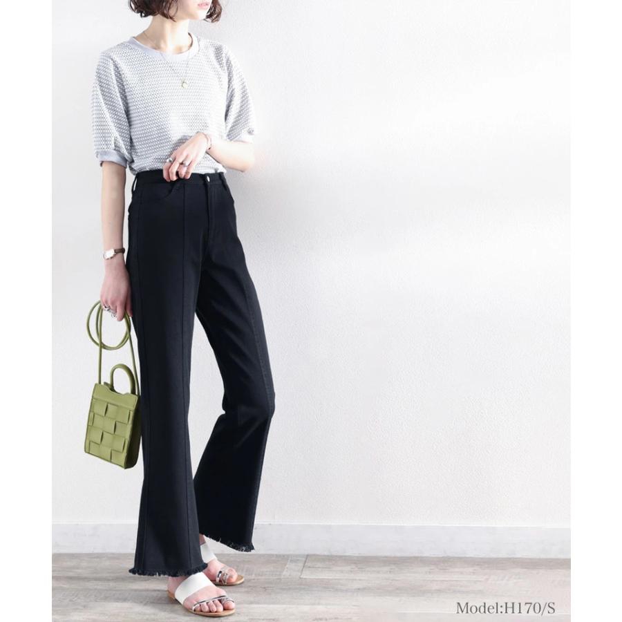 レディース ボトムス デニム パンツ 裾フリンジ セミフレア 美脚 ジーンズ 大きいサイズ 小さいサイズ ジーパン ブラック ネイビー ブルー S M L XL | classicalelf | 07