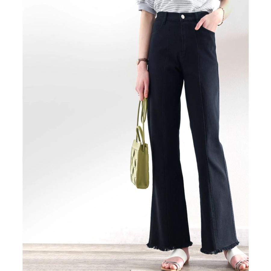 レディース ボトムス デニム パンツ 裾フリンジ セミフレア 美脚 ジーンズ 大きいサイズ 小さいサイズ ジーパン ブラック ネイビー ブルー S M L XL | classicalelf | 08