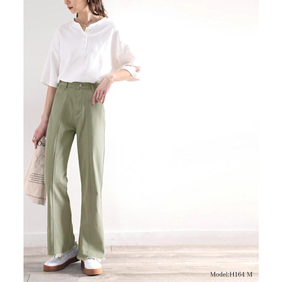 レディース ボトムス デニム パンツ 裾フリンジ セミフレア 美脚 ジーンズ 大きいサイズ 小さいサイズ ジーパン ブラック ネイビー ブルー S M L XL | classicalelf | 09