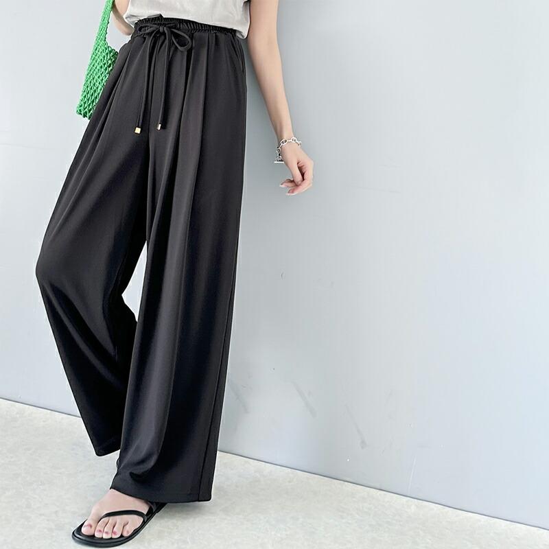 ボトムス パンツ レディース ギャザー ワイド ストレート イージーパンツ UVカット 防シワ ウォッシャブル 加工 ウエスト シャーリング フリル | classicalelf