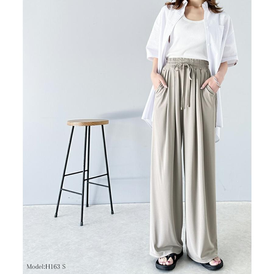 ボトムス パンツ レディース ギャザー ワイド ストレート イージーパンツ UVカット 防シワ ウォッシャブル 加工 ウエスト シャーリング フリル | classicalelf | 12