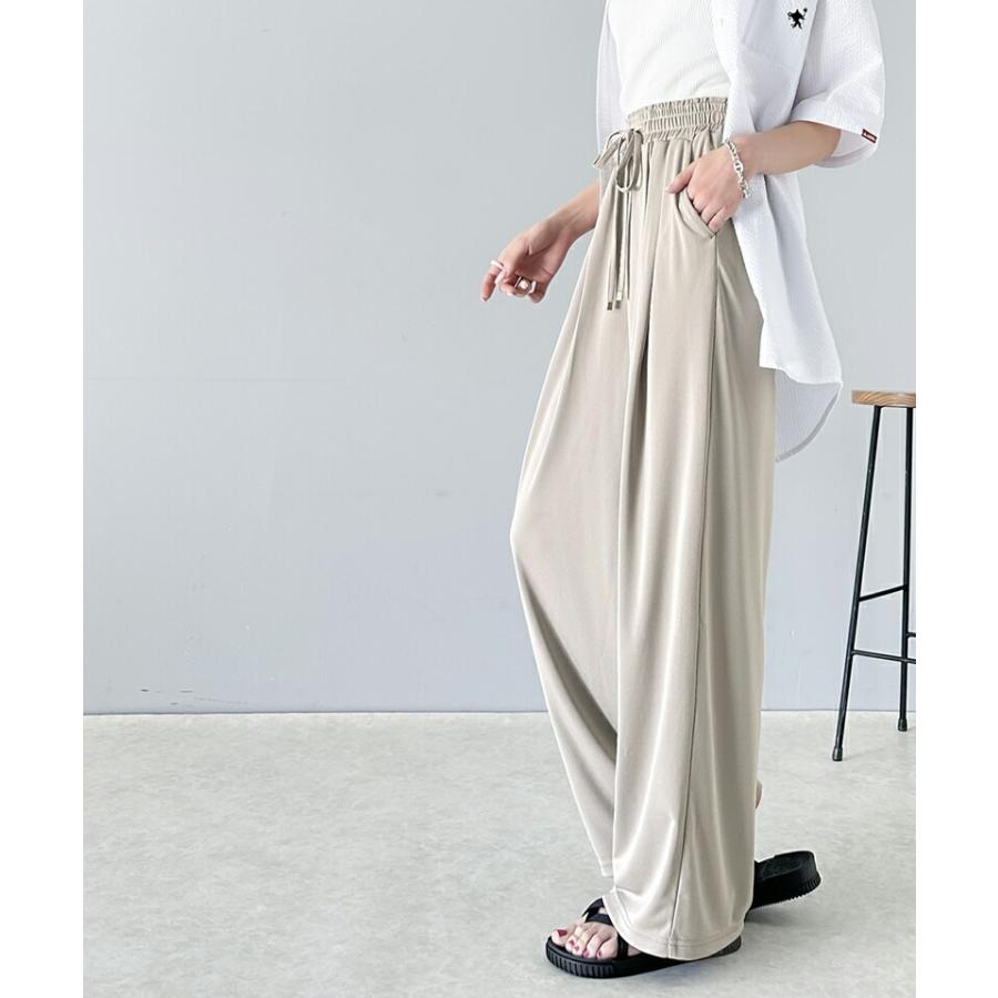 ボトムス パンツ レディース ギャザー ワイド ストレート イージーパンツ UVカット 防シワ ウォッシャブル 加工 ウエスト シャーリング フリル | classicalelf | 13