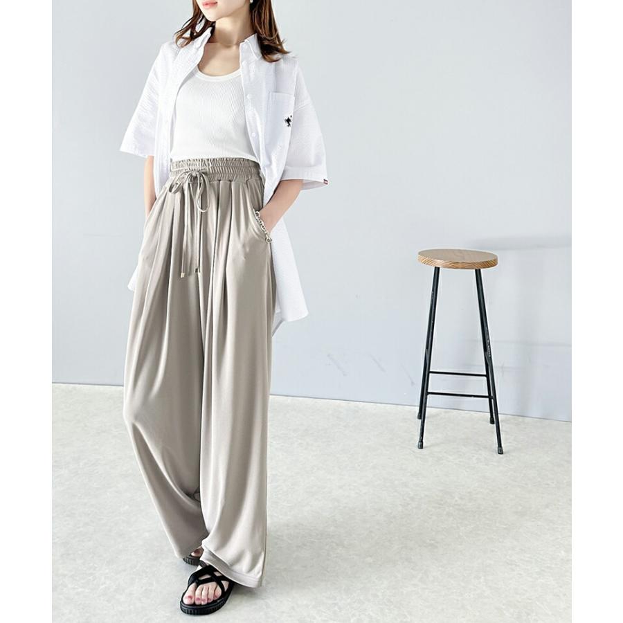 ボトムス パンツ レディース ギャザー ワイド ストレート イージーパンツ UVカット 防シワ ウォッシャブル 加工 ウエスト シャーリング フリル | classicalelf | 14