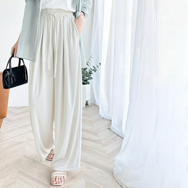 ボトムス パンツ レディース ギャザー ワイド ストレート イージーパンツ UVカット 防シワ ウォッシャブル 加工 ウエスト シャーリング フリル | classicalelf | 18