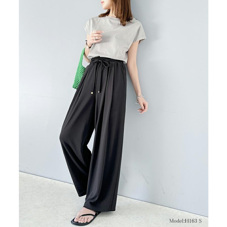 ボトムス パンツ レディース ギャザー ワイド ストレート イージーパンツ UVカット 防シワ ウォッシャブル 加工 ウエスト シャーリング フリル | classicalelf | 02