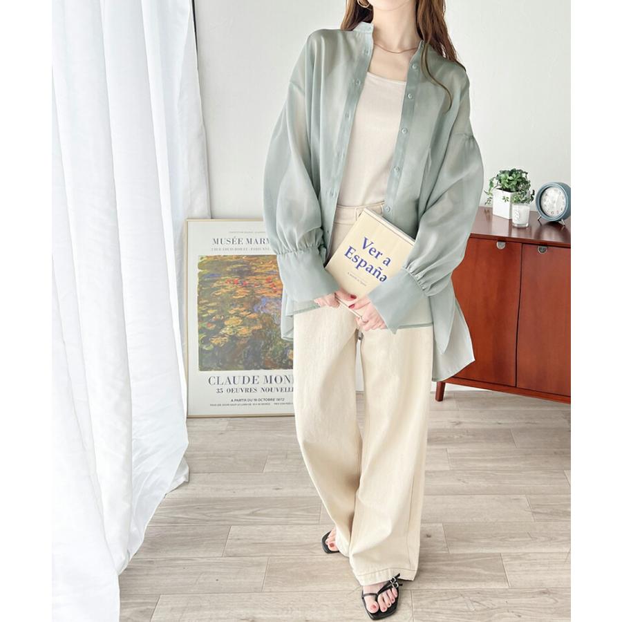 トップス シャツ レディース 前後 2way シャイニー シアー ブラウス 適度な 透け感 たっぷり ギャザー ボリュームスリーブ サイド スリット | classicalelf | 10