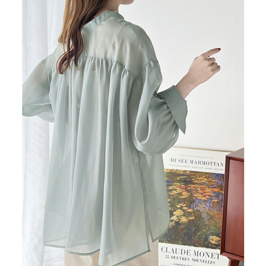 トップス シャツ レディース 前後 2way シャイニー シアー ブラウス 適度な 透け感 たっぷり ギャザー ボリュームスリーブ サイド スリット | classicalelf | 11