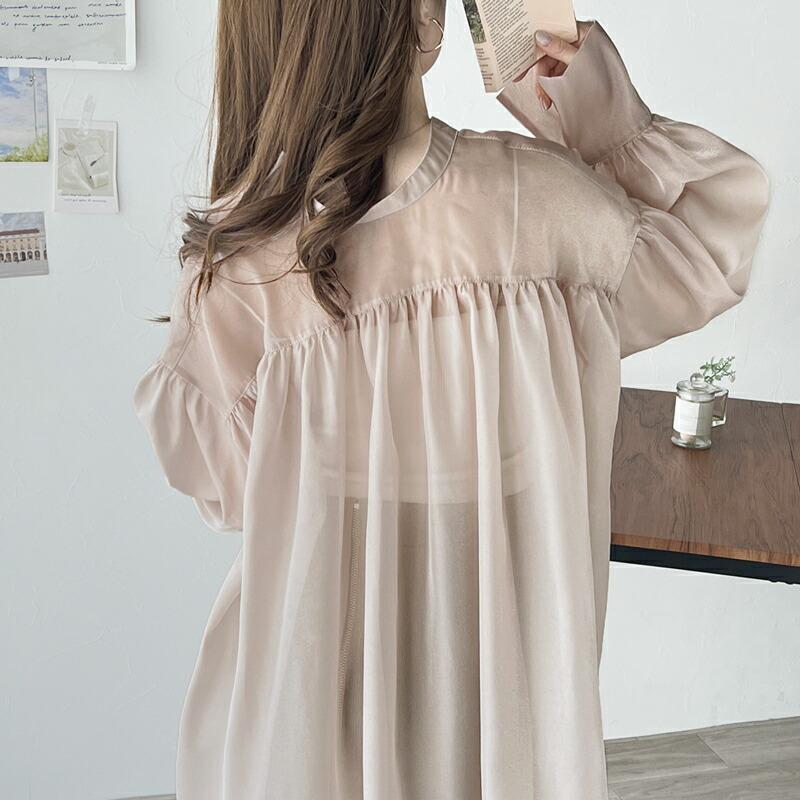 トップス シャツ レディース 前後 2way シャイニー シアー ブラウス 適度な 透け感 たっぷり ギャザー ボリュームスリーブ サイド スリット | classicalelf | 14