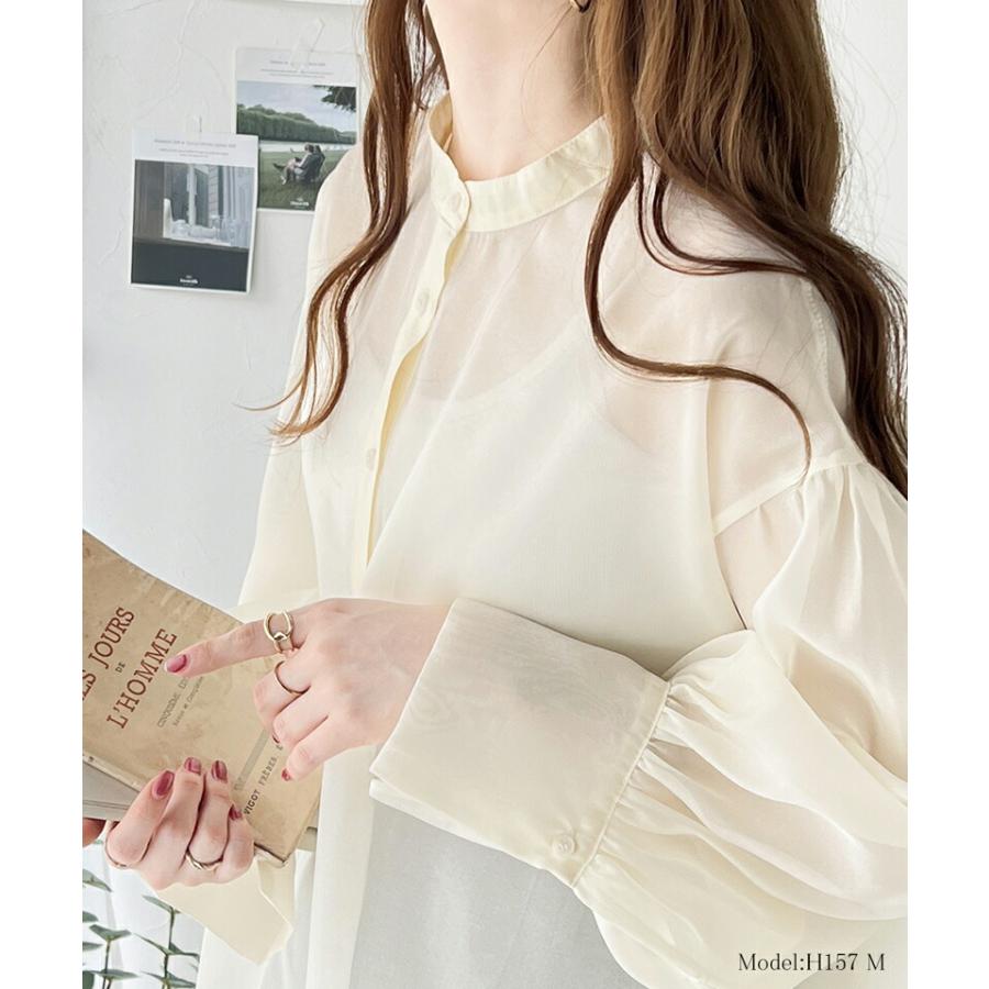 トップス シャツ レディース 前後 2way シャイニー シアー ブラウス 適度な 透け感 たっぷり ギャザー ボリュームスリーブ サイド スリット | classicalelf | 02