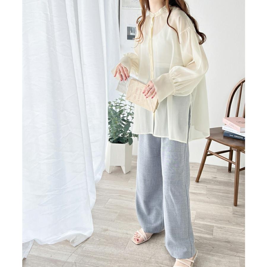 トップス シャツ レディース 前後 2way シャイニー シアー ブラウス 適度な 透け感 たっぷり ギャザー ボリュームスリーブ サイド スリット | classicalelf | 03