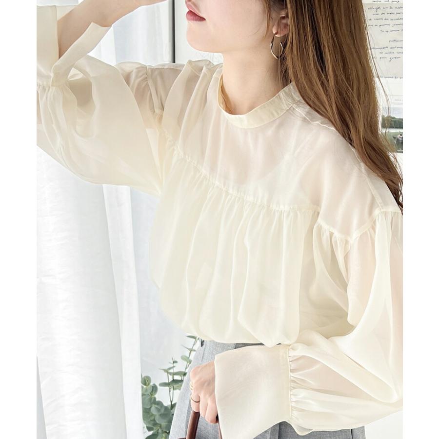トップス シャツ レディース 前後 2way シャイニー シアー ブラウス 適度な 透け感 たっぷり ギャザー ボリュームスリーブ サイド スリット | classicalelf | 04
