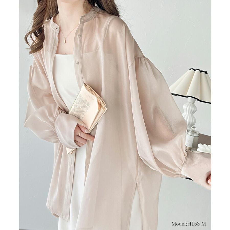 トップス シャツ レディース 前後 2way シャイニー シアー ブラウス 適度な 透け感 たっぷり ギャザー ボリュームスリーブ サイド スリット | classicalelf | 05