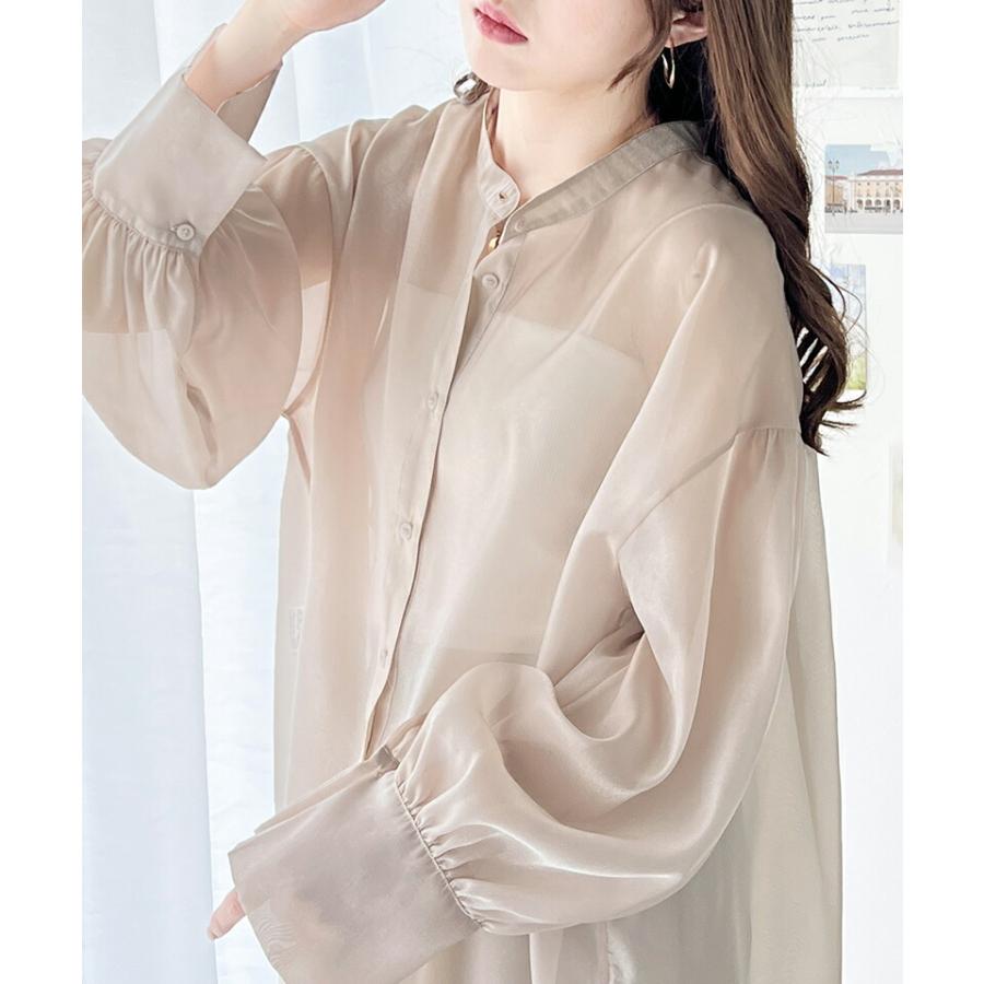トップス シャツ レディース 前後 2way シャイニー シアー ブラウス 適度な 透け感 たっぷり ギャザー ボリュームスリーブ サイド スリット | classicalelf | 06