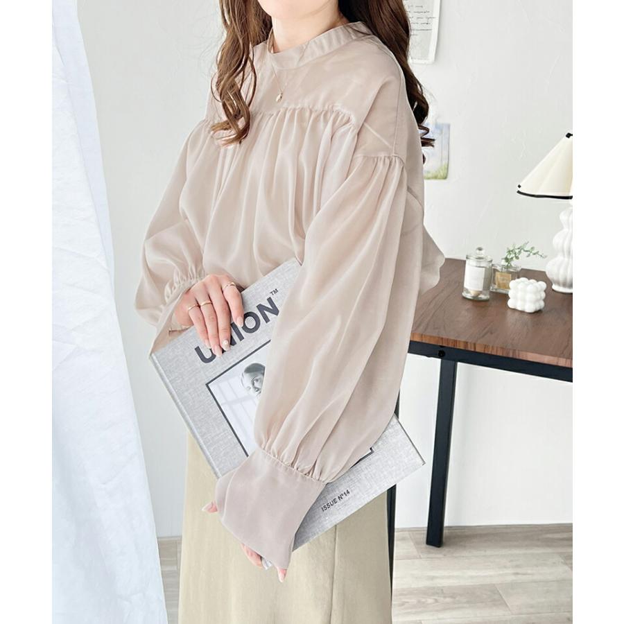 トップス シャツ レディース 前後 2way シャイニー シアー ブラウス 適度な 透け感 たっぷり ギャザー ボリュームスリーブ サイド スリット | classicalelf | 08