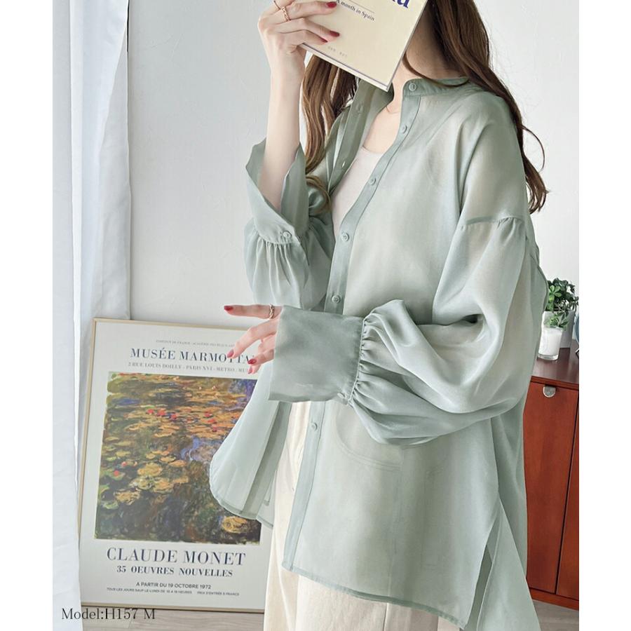 トップス シャツ レディース 前後 2way シャイニー シアー ブラウス 適度な 透け感 たっぷり ギャザー ボリュームスリーブ サイド スリット | classicalelf | 09