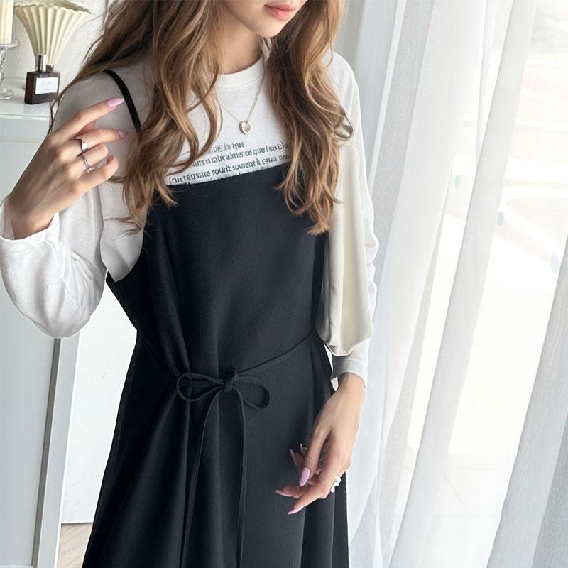 トップス ワンピース レディース ツイード ロング キャミ ワンピース フレア ツイード調 前後2way レイヤード コーデ ゆったり 着回し 楽ちん | classicalelf