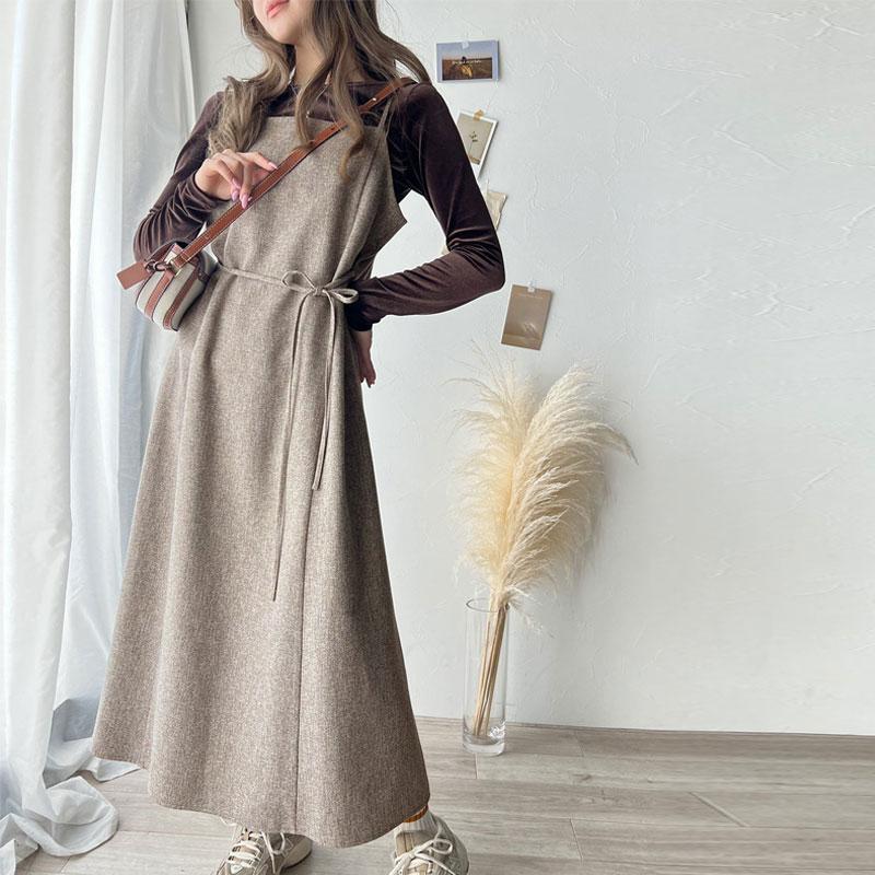 トップス ワンピース レディース ツイード ロング キャミ ワンピース フレア ツイード調 前後2way レイヤード コーデ ゆったり 着回し 楽ちん | classicalelf | 13