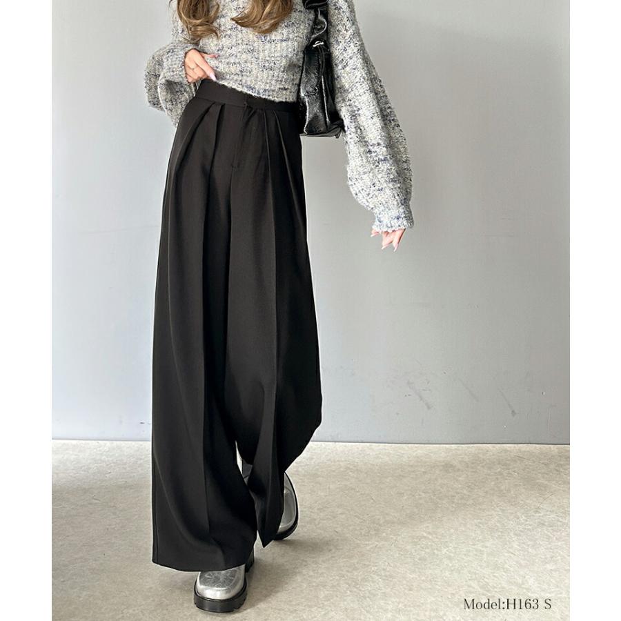 ボトムス パンツ レディース 細見え 2 イン タック ハイウエスト ワイド スラックス センタープレス ワイドシルエット 幅広 ベルト 高見え | classicalelf | 02