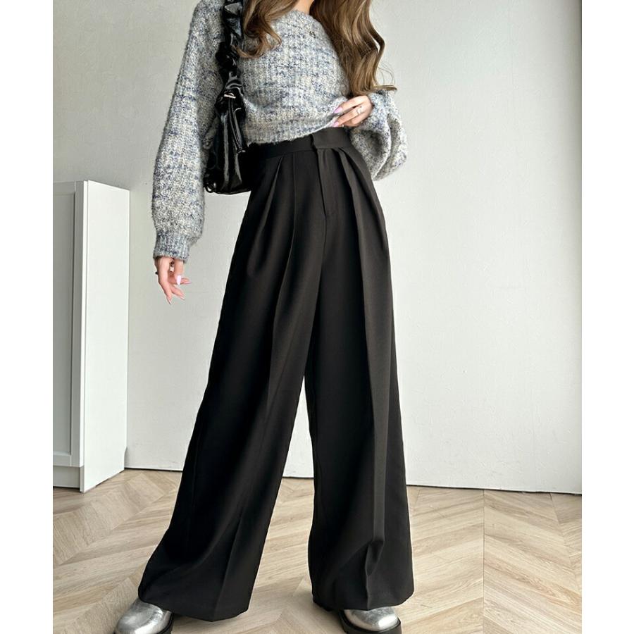 ボトムス パンツ レディース 細見え 2 イン タック ハイウエスト ワイド スラックス センタープレス ワイドシルエット 幅広 ベルト 高見え | classicalelf | 03