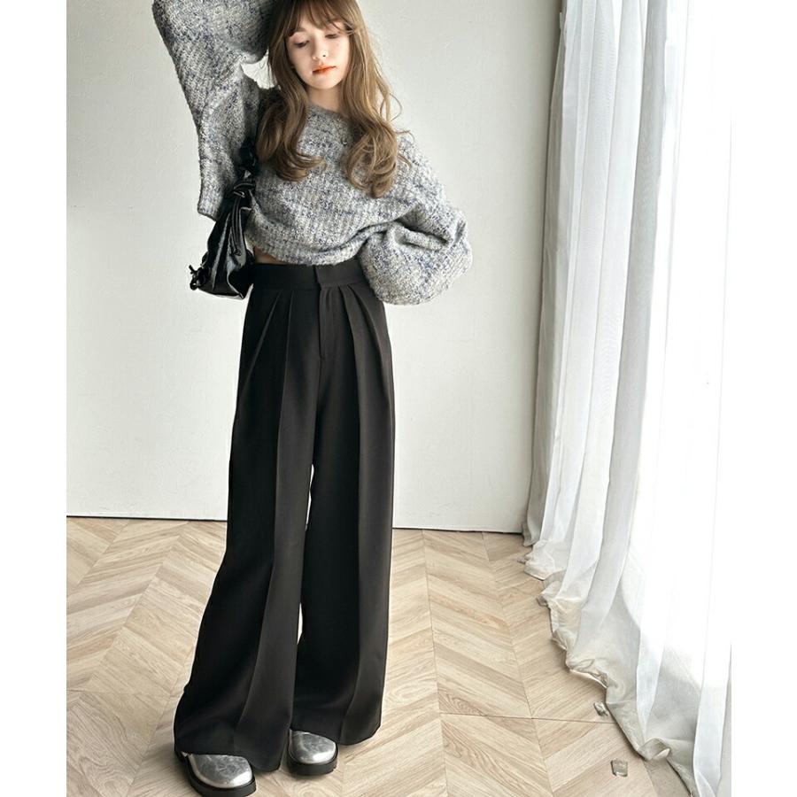 ボトムス パンツ レディース 細見え 2 イン タック ハイウエスト ワイド スラックス センタープレス ワイドシルエット 幅広 ベルト 高見え | classicalelf | 04