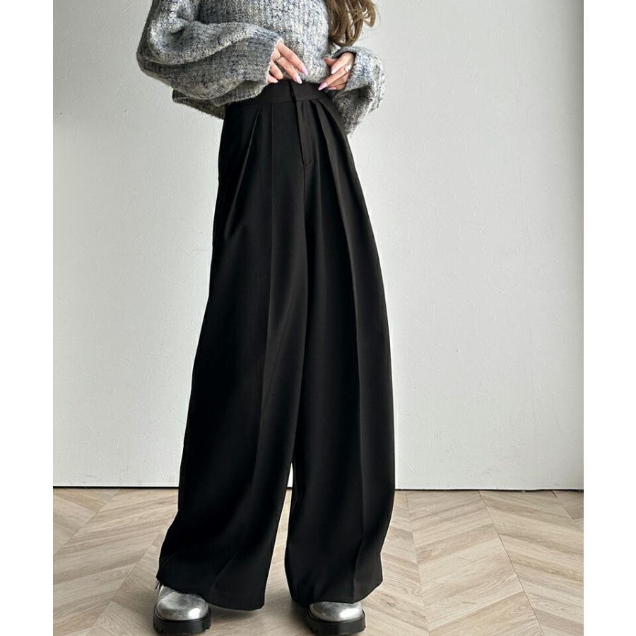 ボトムス パンツ レディース 細見え 2 イン タック ハイウエスト ワイド スラックス センタープレス ワイドシルエット 幅広 ベルト 高見え | classicalelf | 05