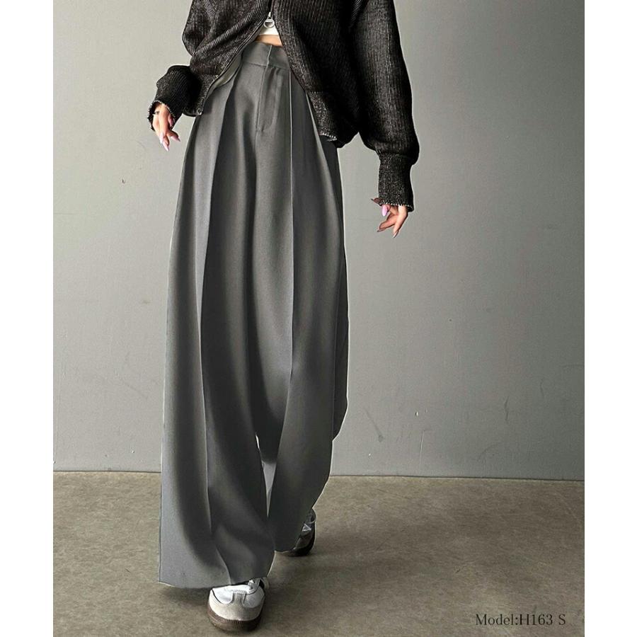 ボトムス パンツ レディース 細見え 2 イン タック ハイウエスト ワイド スラックス センタープレス ワイドシルエット 幅広 ベルト 高見え | classicalelf | 06