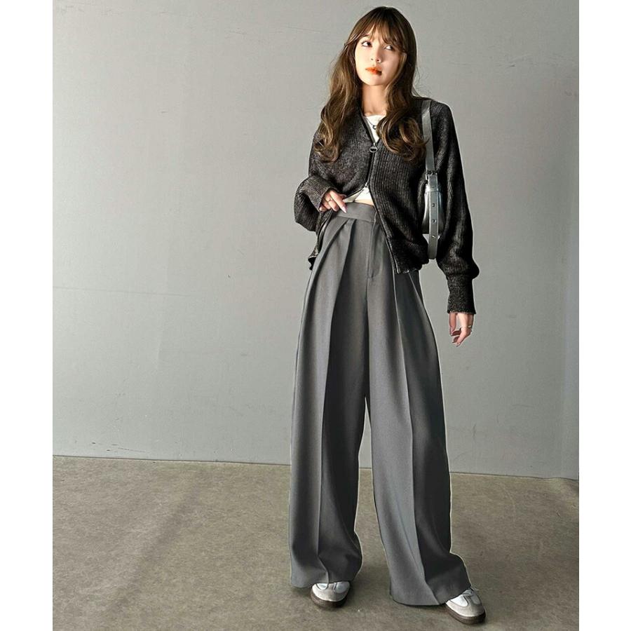 ボトムス パンツ レディース 細見え 2 イン タック ハイウエスト ワイド スラックス センタープレス ワイドシルエット 幅広 ベルト 高見え | classicalelf | 07