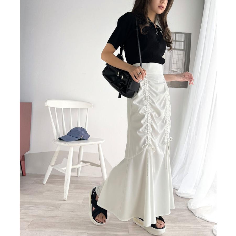 ボトムス スカート レディース フロント シャーリング リボン 使い マーメイドスカート （ロング丈）ウエスト サイド ファスナー 愛され 美ライン | classicalelf | 05