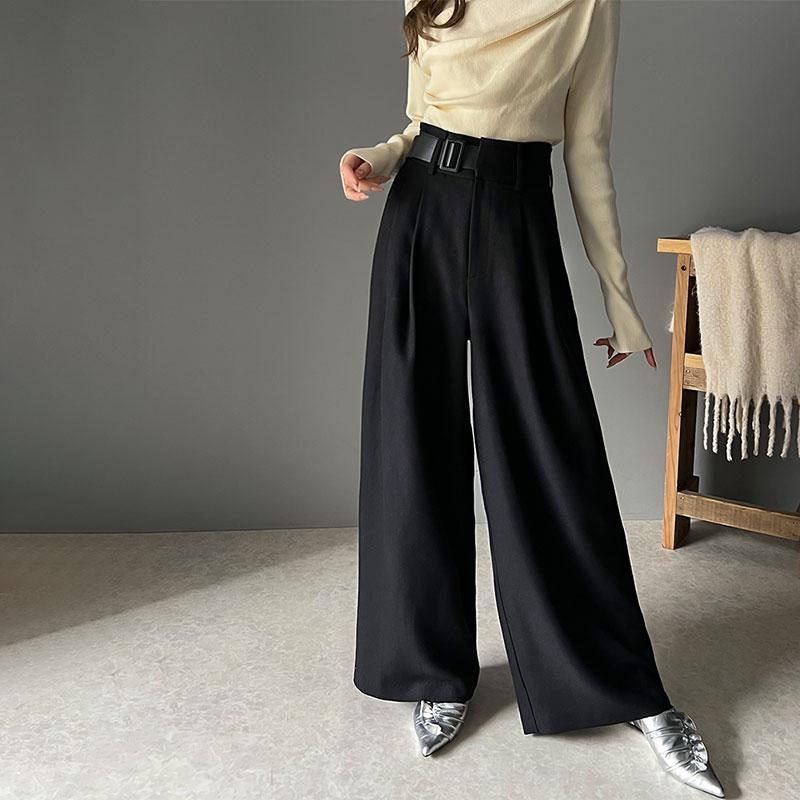 ボトムス パンツ ツイード 調 ハイウエスト ２ タック ワイド スラックス 美シルエット ウエスト アシンメトリー 合皮 ベルト デザイン | classicalelf