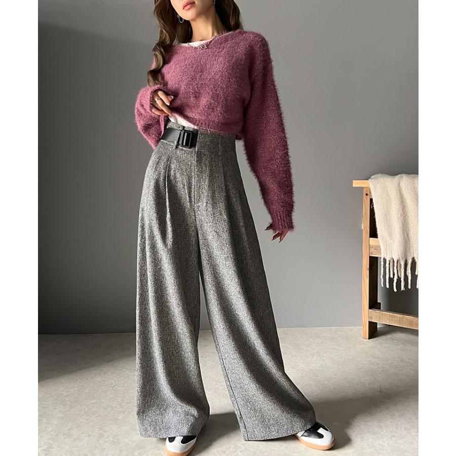 ボトムス パンツ ツイード 調 ハイウエスト ２ タック ワイド スラックス 美シルエット ウエスト アシンメトリー 合皮 ベルト デザイン | classicalelf | 10