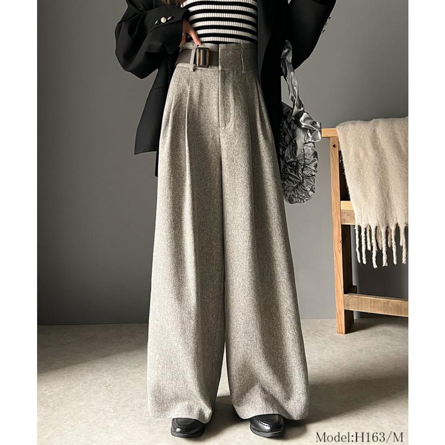 ボトムス パンツ ツイード 調 ハイウエスト ２ タック ワイド スラックス 美シルエット ウエスト アシンメトリー 合皮 ベルト デザイン | classicalelf | 11
