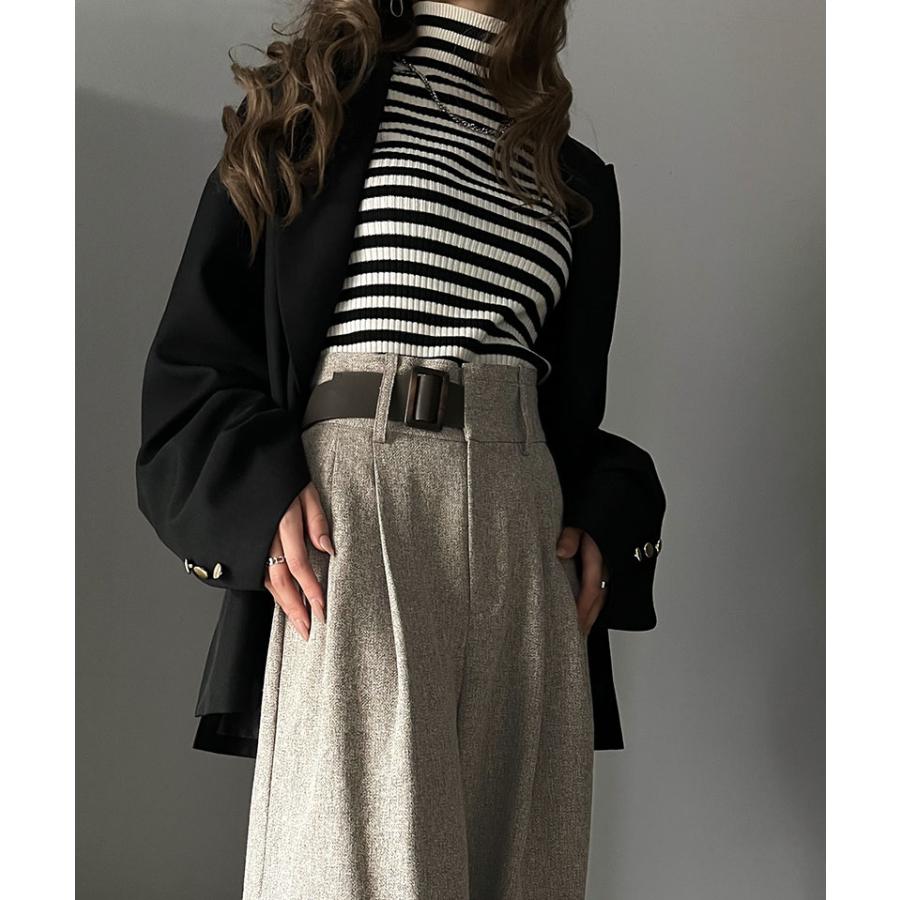 ボトムス パンツ ツイード 調 ハイウエスト ２ タック ワイド スラックス 美シルエット ウエスト アシンメトリー 合皮 ベルト デザイン | classicalelf | 12