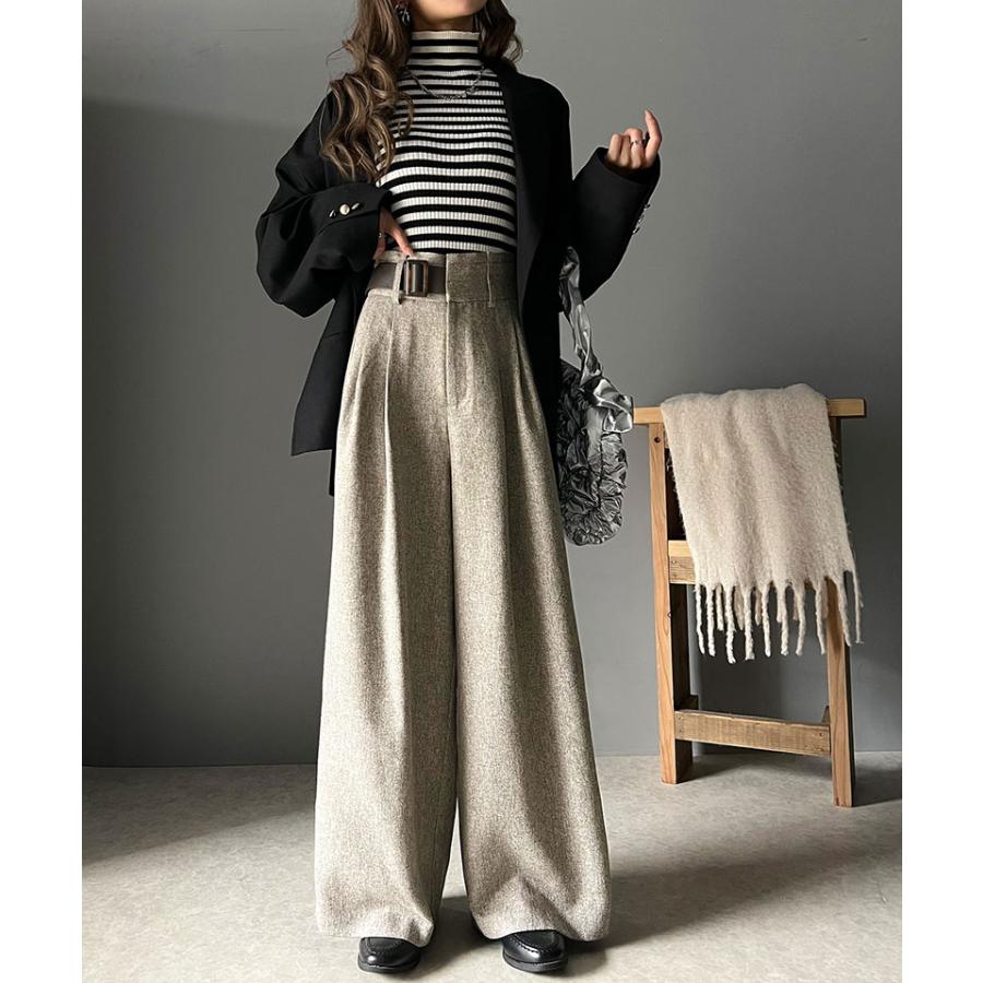 ボトムス パンツ ツイード 調 ハイウエスト ２ タック ワイド スラックス 美シルエット ウエスト アシンメトリー 合皮 ベルト デザイン | classicalelf | 13