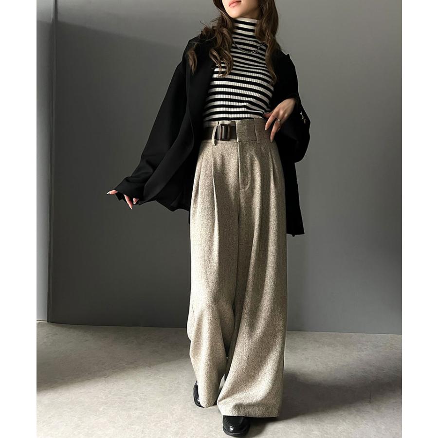 ボトムス パンツ ツイード 調 ハイウエスト ２ タック ワイド スラックス 美シルエット ウエスト アシンメトリー 合皮 ベルト デザイン | classicalelf | 14