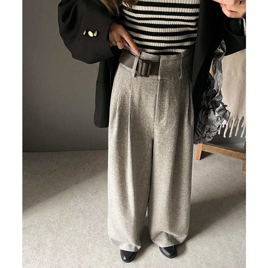 ボトムス パンツ ツイード 調 ハイウエスト ２ タック ワイド スラックス 美シルエット ウエスト アシンメトリー 合皮 ベルト デザイン | classicalelf | 15