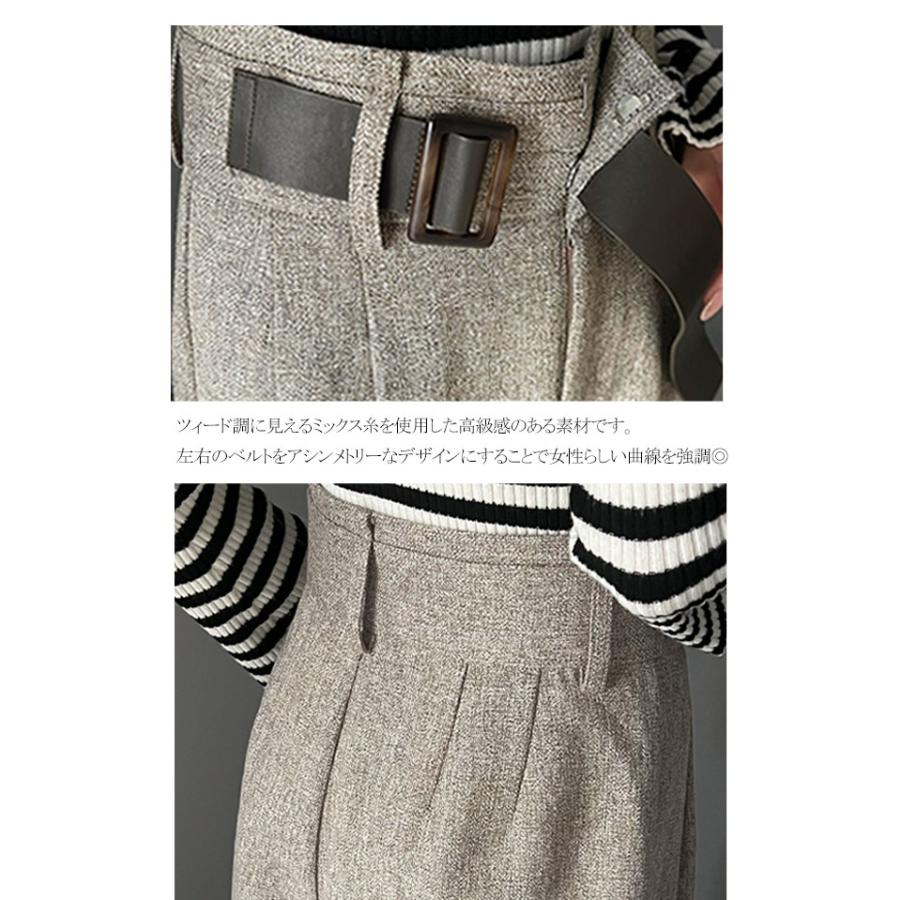 ボトムス パンツ ツイード 調 ハイウエスト ２ タック ワイド スラックス 美シルエット ウエスト アシンメトリー 合皮 ベルト デザイン | classicalelf | 16