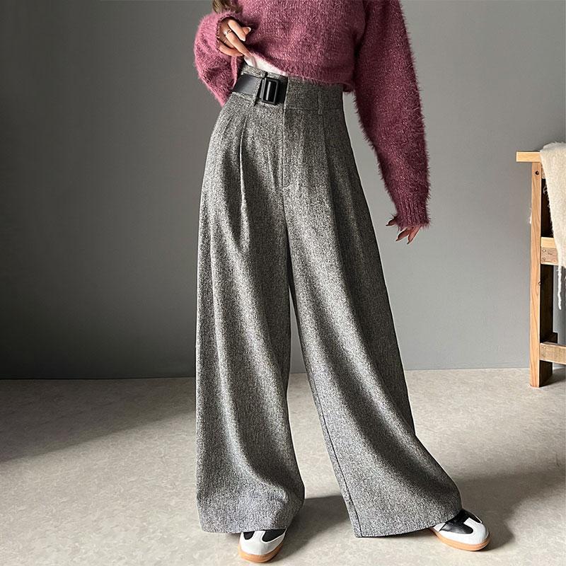 ボトムス パンツ ツイード 調 ハイウエスト ２ タック ワイド スラックス 美シルエット ウエスト アシンメトリー 合皮 ベルト デザイン | classicalelf | 18