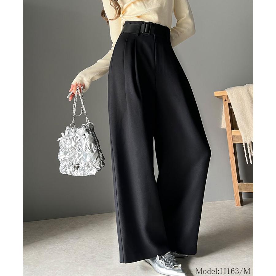 ボトムス パンツ ツイード 調 ハイウエスト ２ タック ワイド スラックス 美シルエット ウエスト アシンメトリー 合皮 ベルト デザイン | classicalelf | 02