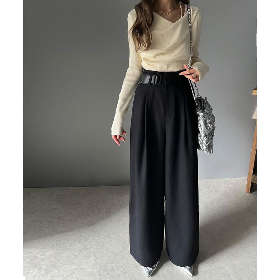 ボトムス パンツ ツイード 調 ハイウエスト ２ タック ワイド スラックス 美シルエット ウエスト アシンメトリー 合皮 ベルト デザイン | classicalelf | 04