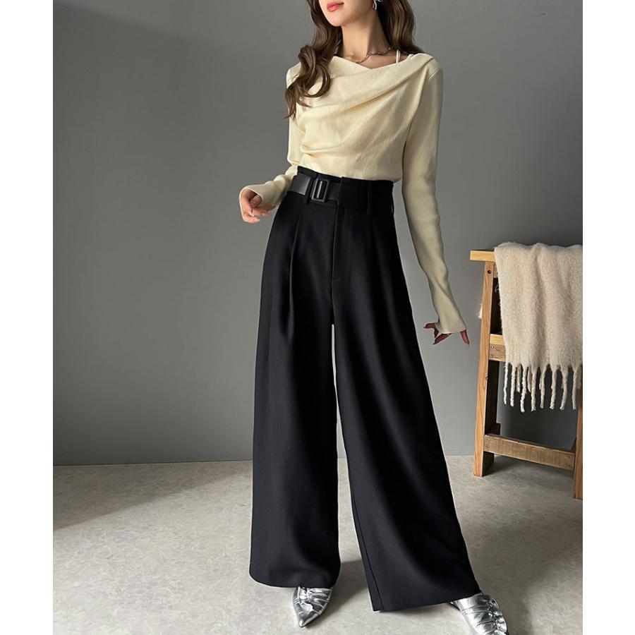 ボトムス パンツ ツイード 調 ハイウエスト ２ タック ワイド スラックス 美シルエット ウエスト アシンメトリー 合皮 ベルト デザイン | classicalelf | 05