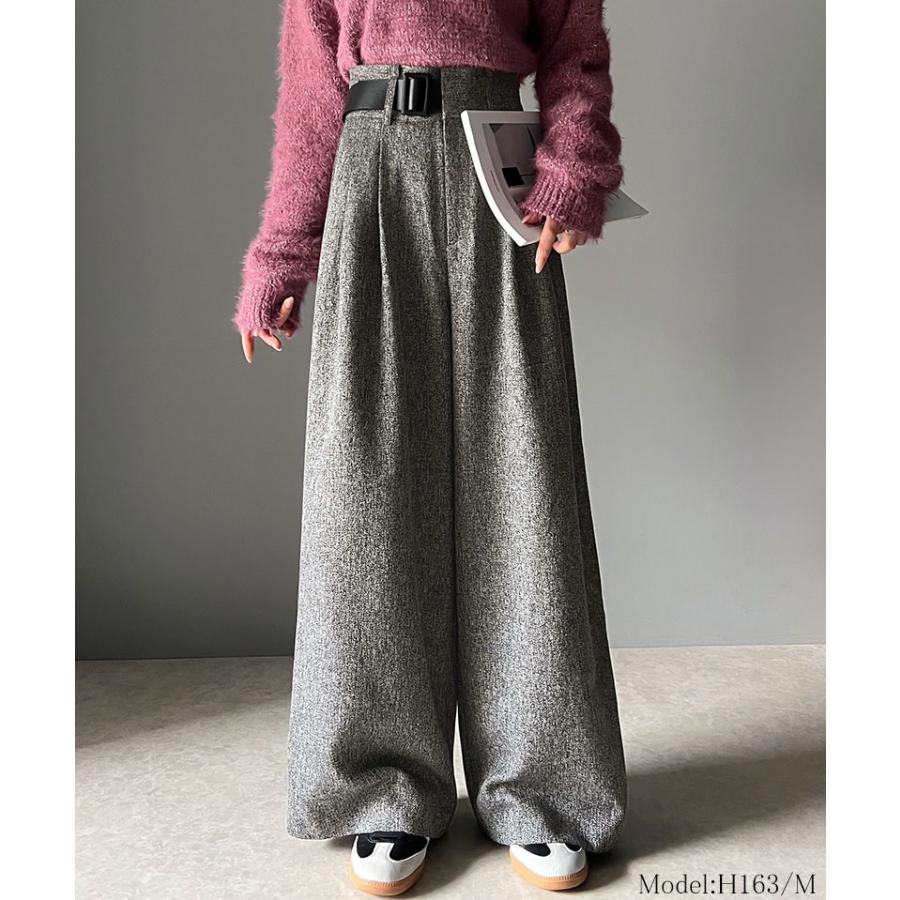 ボトムス パンツ ツイード 調 ハイウエスト ２ タック ワイド スラックス 美シルエット ウエスト アシンメトリー 合皮 ベルト デザイン | classicalelf | 06