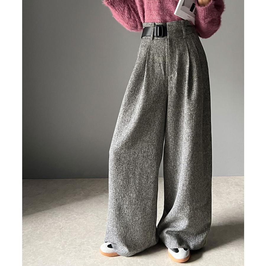 ボトムス パンツ ツイード 調 ハイウエスト ２ タック ワイド スラックス 美シルエット ウエスト アシンメトリー 合皮 ベルト デザイン | classicalelf | 07