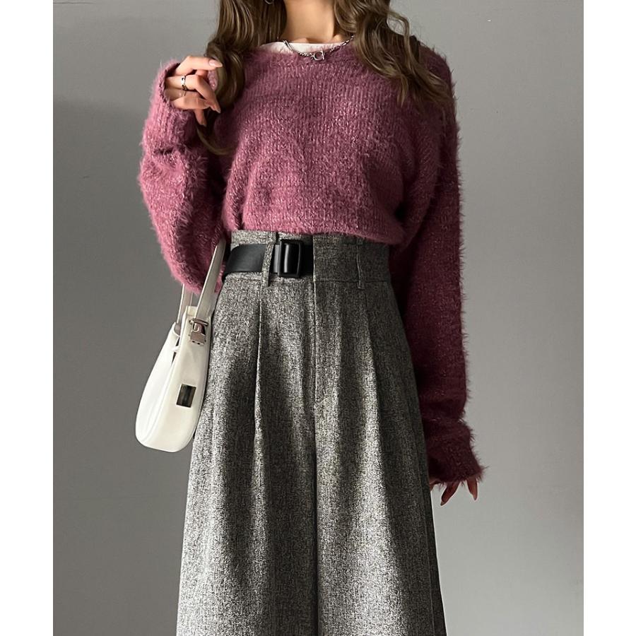 ボトムス パンツ ツイード 調 ハイウエスト ２ タック ワイド スラックス 美シルエット ウエスト アシンメトリー 合皮 ベルト デザイン | classicalelf | 08