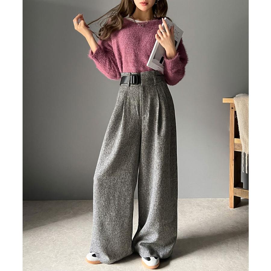 ボトムス パンツ ツイード 調 ハイウエスト ２ タック ワイド スラックス 美シルエット ウエスト アシンメトリー 合皮 ベルト デザイン | classicalelf | 09