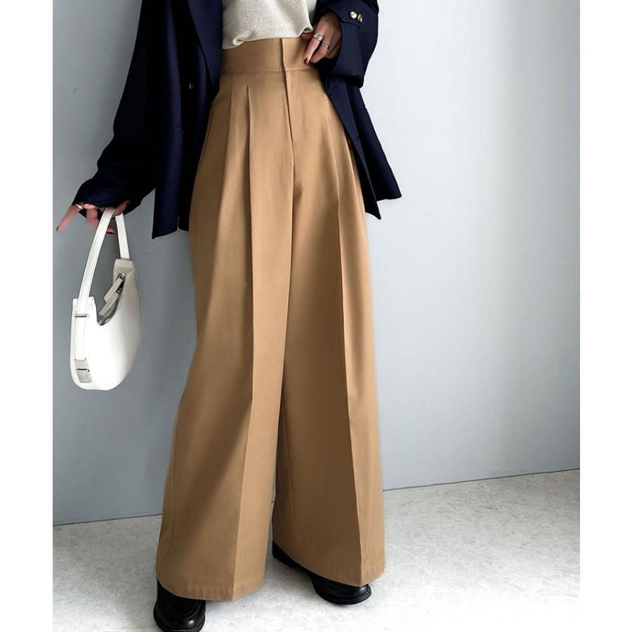 ボトムス パンツ レディース ツータック ワイド シルエット ハイウエスト ツイル 素材 スラックス 高見え ウエスト 後ろ ゴム センタープレス 幅広 | classicalelf | 14