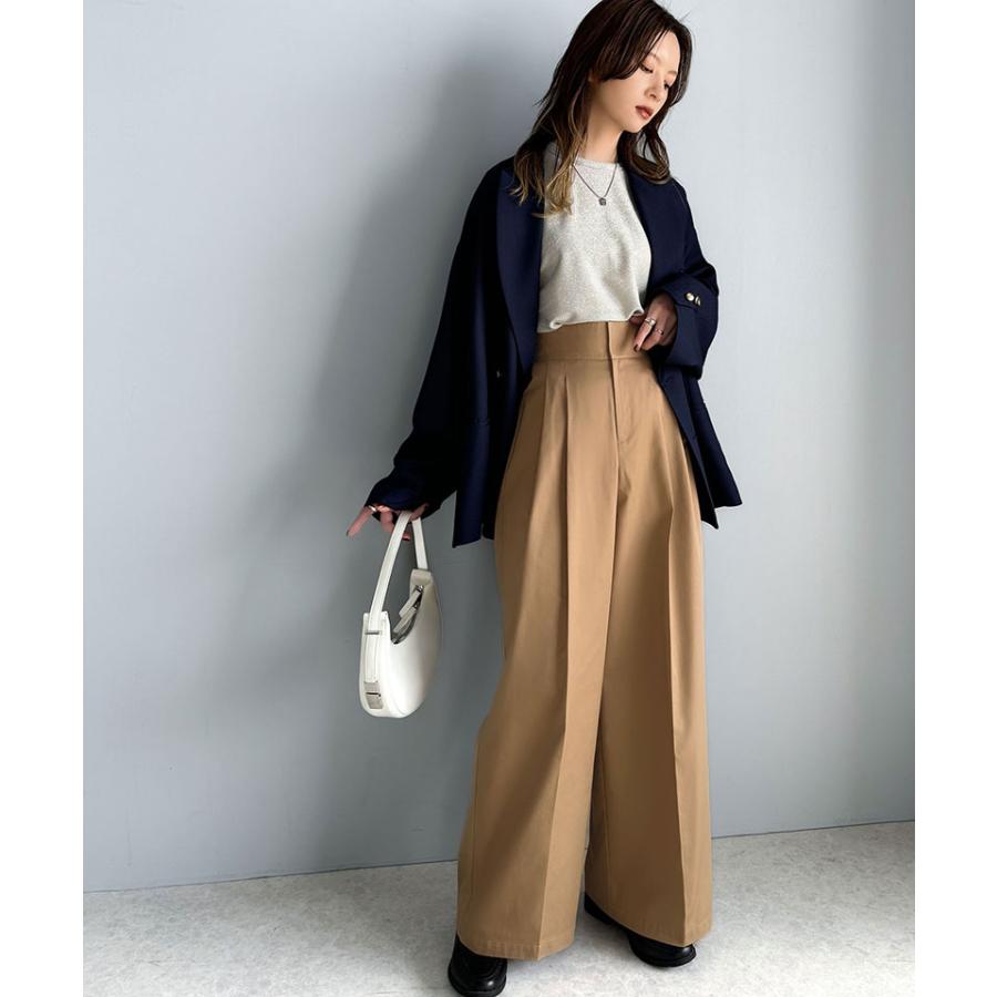 ボトムス パンツ レディース ツータック ワイド シルエット ハイウエスト ツイル 素材 スラックス 高見え ウエスト 後ろ ゴム センタープレス 幅広 | classicalelf | 15